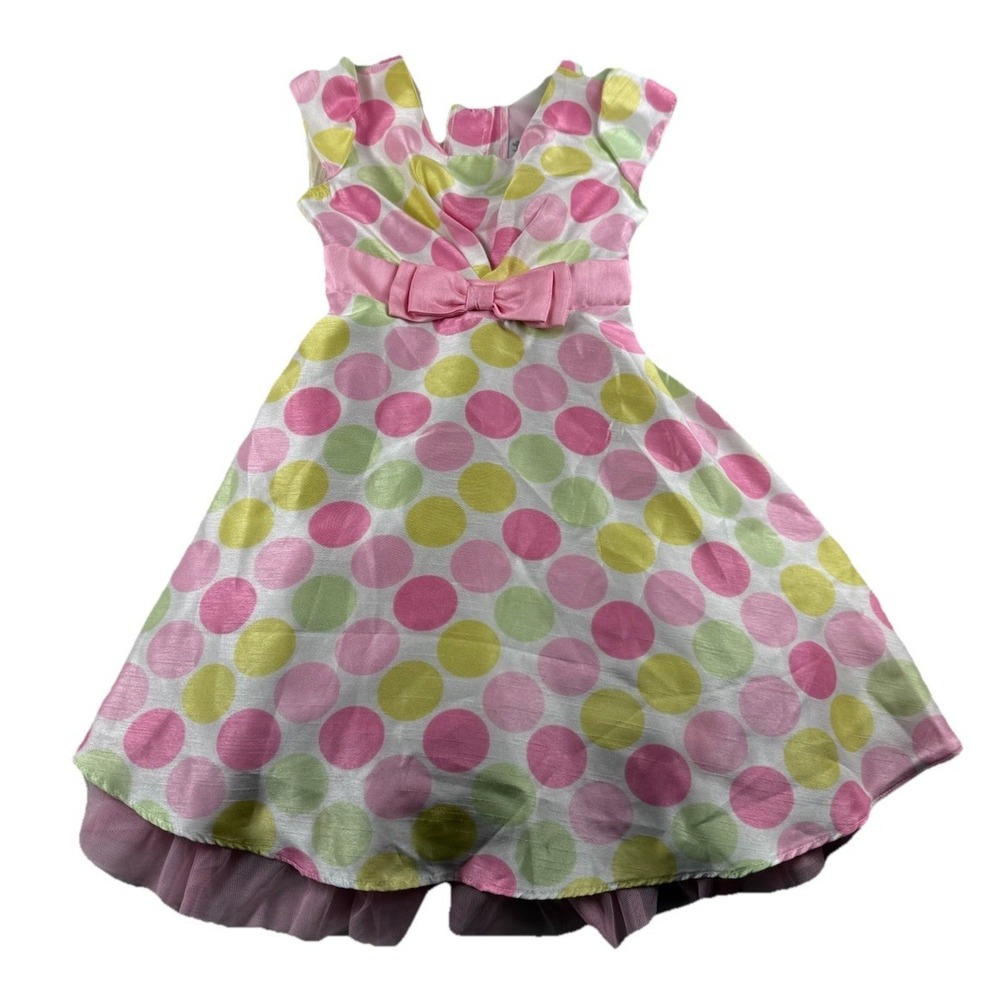 Jona Michelle Pink Yellow Green Polka Dot Sundress Pink Bow Sash Belt Size 5